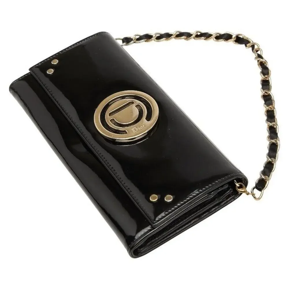 Dior Patent Leather Logo Chain Long Wallet Black